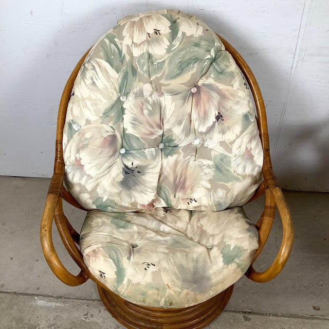 Coastal Pair of Vintage Rattan Swivel Egg Pod Lounge Chairs, Stacked Pedestal Base For Sale - Image 3 of 12