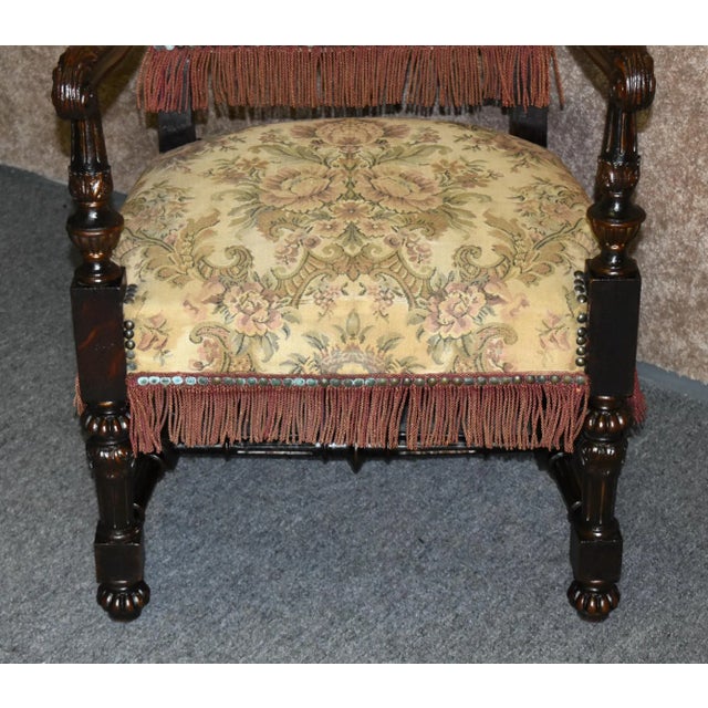 Jacobean Antique Carved Oak Armchair Tudor Jacobean Style High Back Tapestry Fringe 1920s For Sale - Image 3 of 13