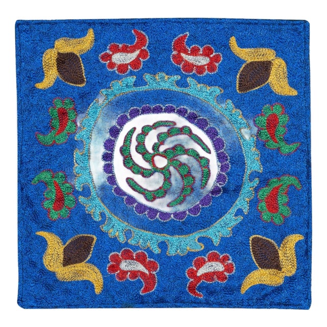 15"x16" Silk Hand Embroidery Cushion Cover. Blue Pillow. Needlework Lace Pillow For Sale