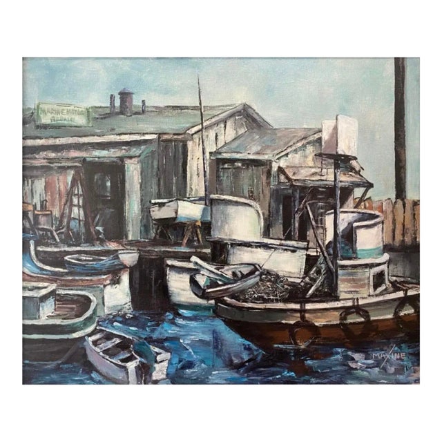 1970s California Impressionist Seascape Oil Painting Blackie's Boat Yard Newport Beach Waterfront Signed For Sale
