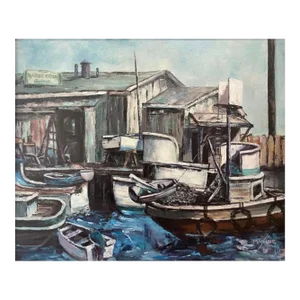 1970s California Impressionist Seascape Oil Painting Blackie's Boat Yard Newport Beach Waterfront Signed