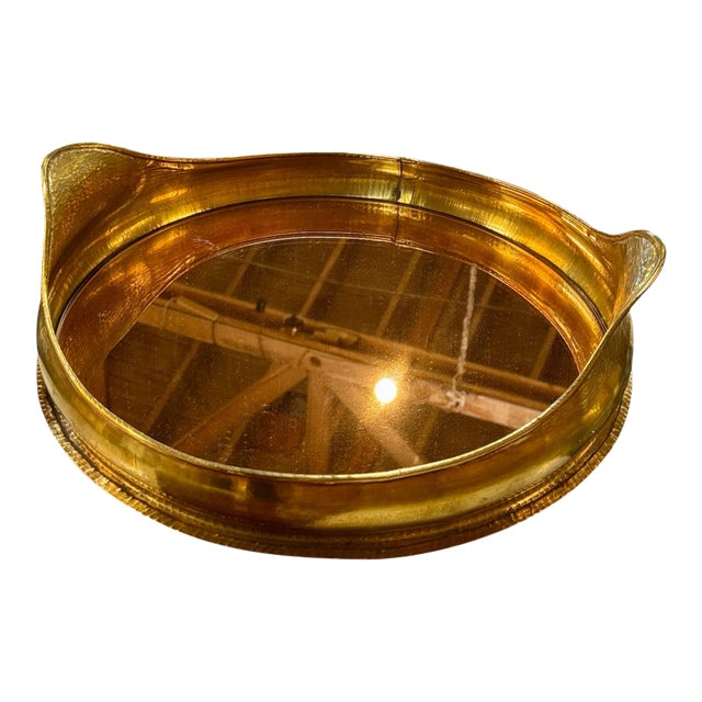 Italian Oval Brass Tray With Mirror, Italy 70s For Sale
