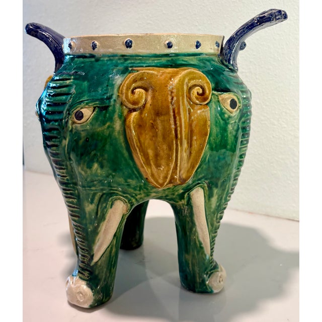 Vintage Sancai Glazed Ceramic Elephant Planter For Sale - Image 4 of 9
