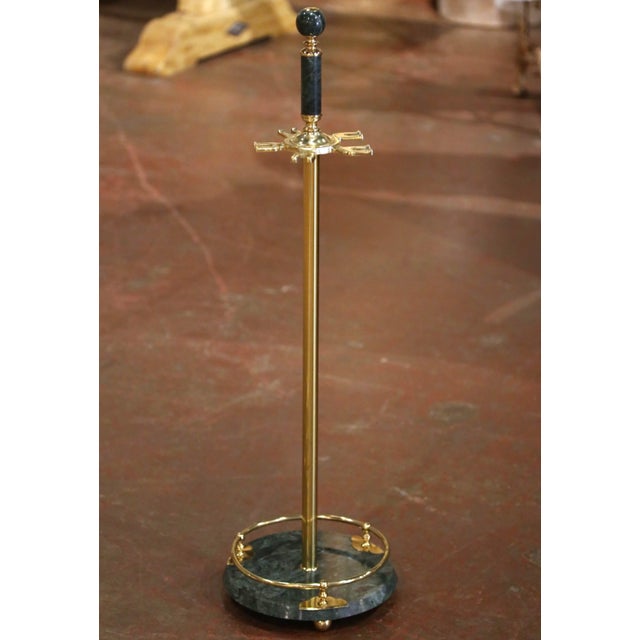 Brass Mid-Century French Brass and Green Marble Five-Piece Fireplace Tool Set For Sale - Image 8 of 9