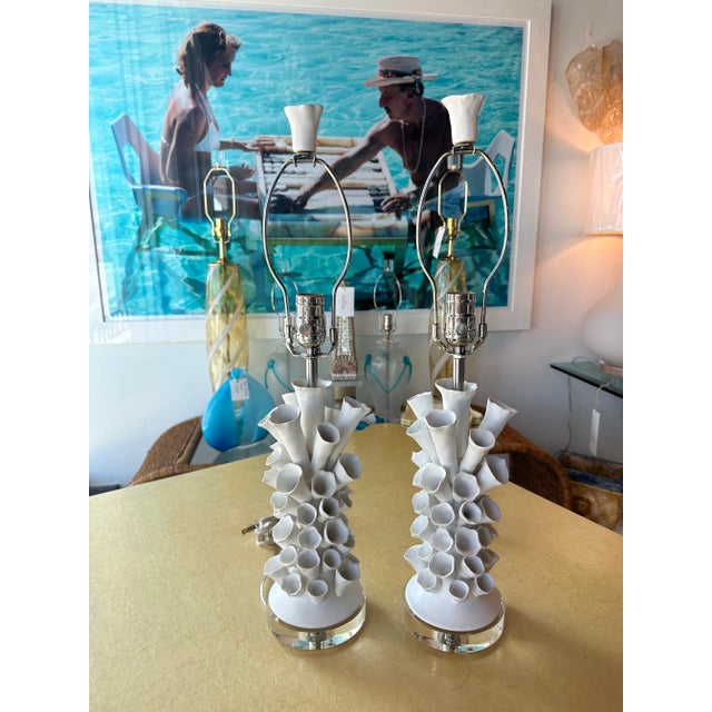 Vintage Pair Porcelain Faux Coral Tubes Table Lamps Lucite Base Newly Wired For Sale - Image 13 of 13