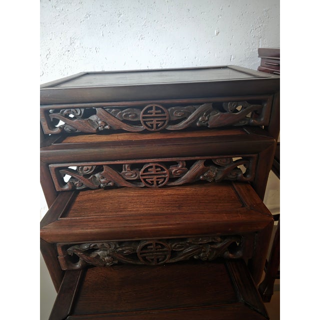 1930s Set of 1930s Chinese Carved Hardwood Nesting Tables With Traditional Fretwork and Longevity Symbols For Sale - Image 5 of 9