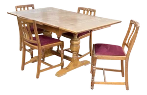Light Oak Extendable Draw Leaf Table and Chairs, 1930s, Set of 5