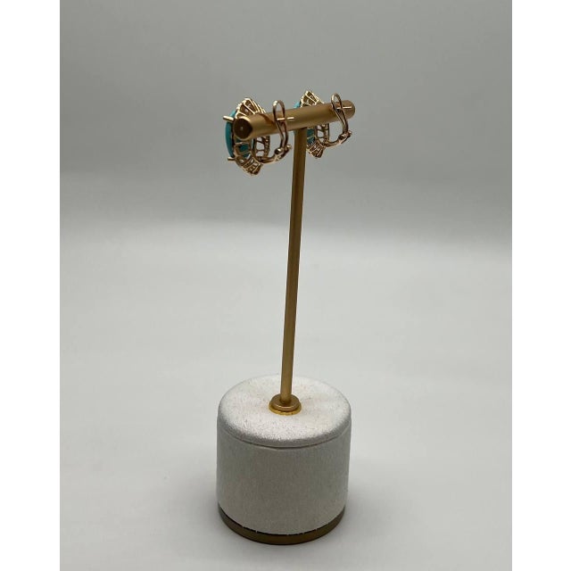 Blue Teal Turquoise Diamonds Lattice 14k Yellow Gold Statement Earrings - Set of 2 For Sale In Washington DC - Image 6 of 12