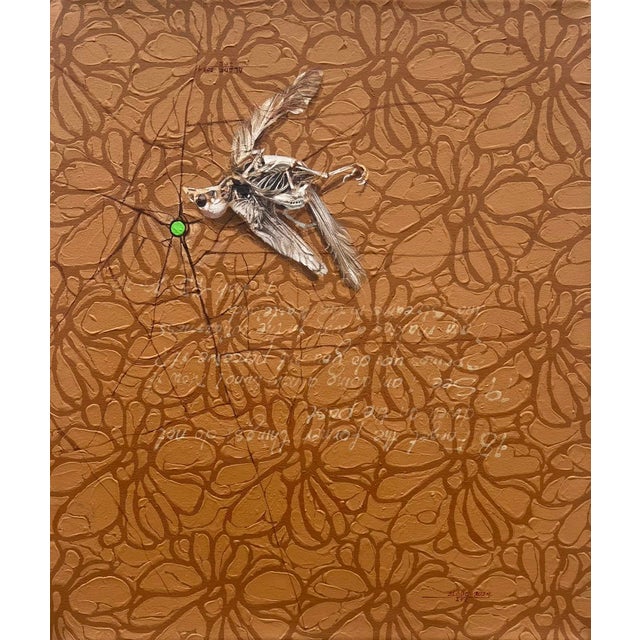 The Mustard Seed by Ifeoluwa Alade | Acrylic and glow in the dark medium on canvas depicting a skeletal insect on textured background. For Sale