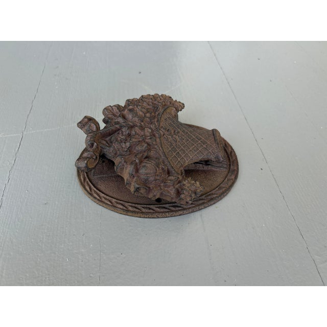 French Country Antique Wrought Iron Basket of Flowers Door Knocker With Oval Backplate For Sale - Image 3 of 5