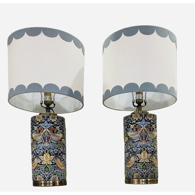 Pair Strawberry Thief Lamps With Blue Scalloped Linen Shade For Sale - Image 9 of 16