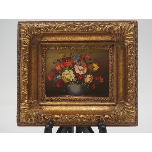 Traditional Pair of Floral Still Life Oil on Board Paintings For Sale - Image 3 of 11