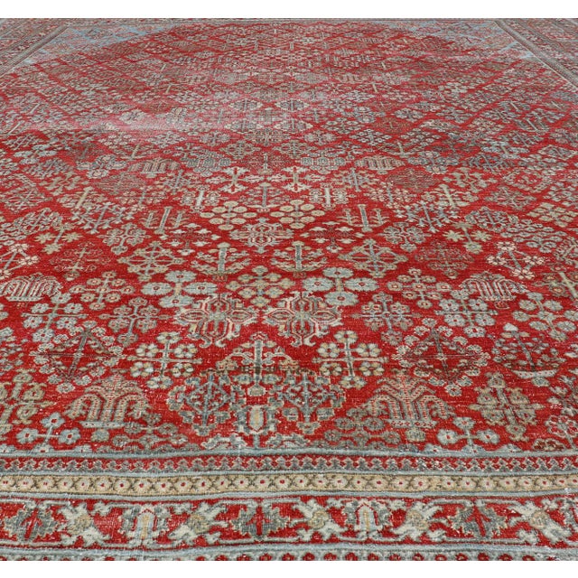 Early 20th Century Antique Persian Joshegan Rug With Geometric Medallion Design in Red and Lt. Blue 9'6 X 12'3 For Sale - Image 5 of 15