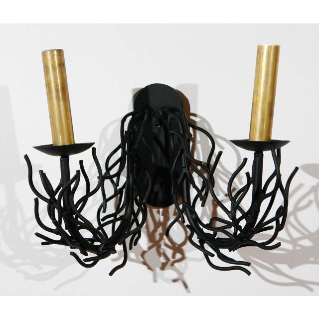 1970s Double Faux Black Coral Sconce With Brass Candle Covers For Sale - Image 9 of 9