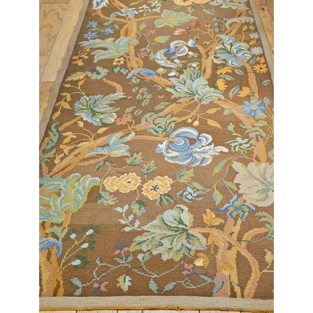 Vintage French Needlepoint Runner, Handwoven Wool, Tree of Life Pattern, Brown & Blue, 4’ X 15’ For Sale - Image 9 of 17