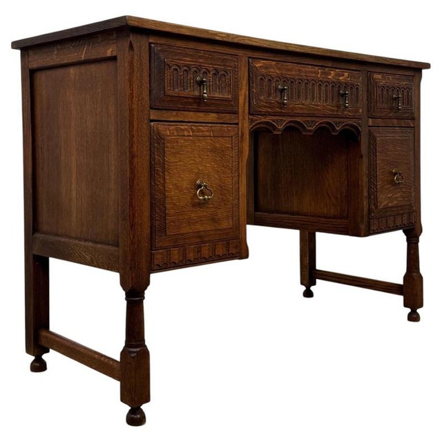 Antique English Edwardian Carved Oak Desk, 1910 For Sale - Image 4 of 12