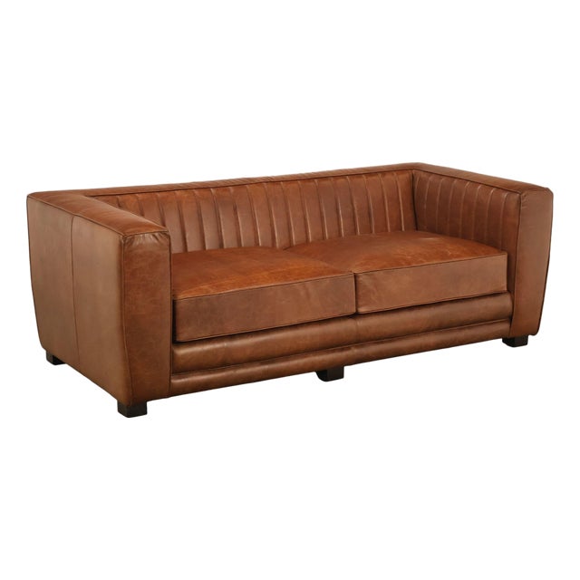 Art Deco Style Brown Leather Sofa For Sale