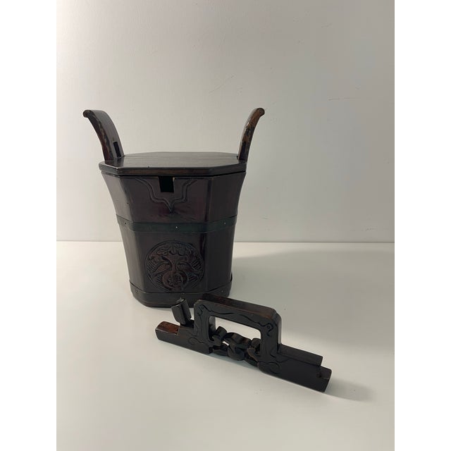 Mid-20th Century Chinese Solid Wood Carved Rice Bucket With Locking Lid For Sale - Image 9 of 11