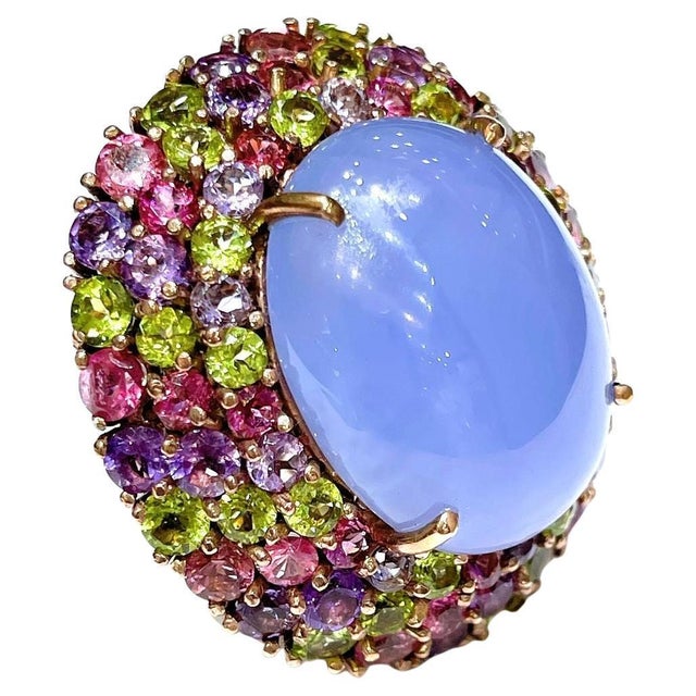 Bochic “Orient” Chalcedony & Multi Gem Cocktail Ring In 18K Gold & Silver, Size 9 For Sale