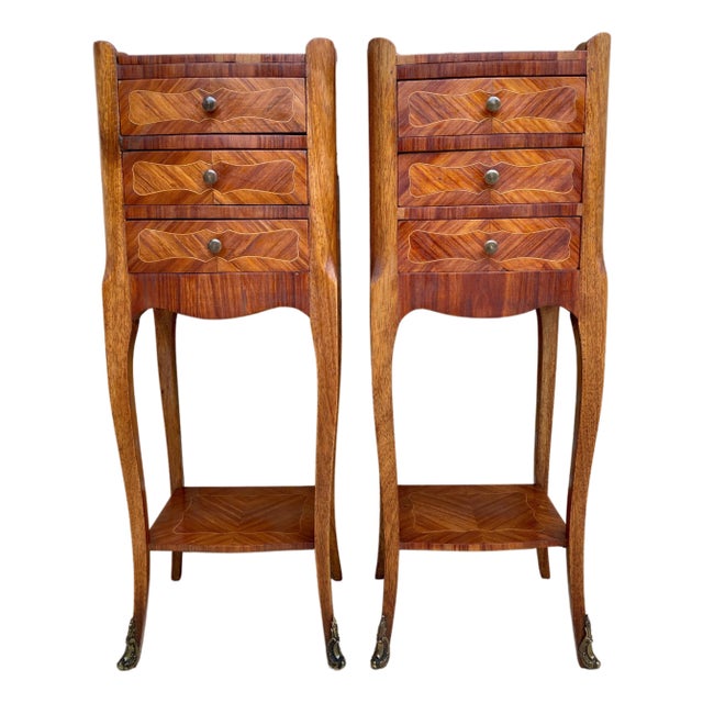 Late 19th Century Description Pair of French Walnut Bedside Tables Adorned with Fine Louis XV Mar For Sale