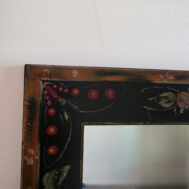 Vintage Scandinavian Style Hand-Painted Rosemaling Black & Floral Wall Mirror - 36" For Sale - Image 4 of 9