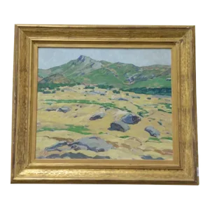 1920s American Western Mountain Landscape Oil Painting on Board by by Mary Gine Riley, Framed