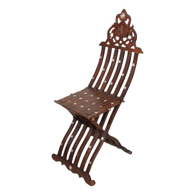 Antique Moorish Folding Chair with Mother-of-Pearl Inlay, Middle Eastern For Sale