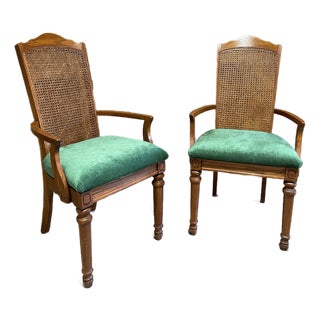 Pair of Mid-Century Transitional Cane Back Armchairs in Everlast Billiard Green Chenille (Thomasville Ceremony Style) - Set of 2 For Sale