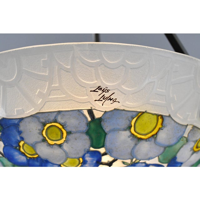 Loys Lucha French Art Deco Pendant Light 1930s - Blue White Floral Enameled Bowl For Sale - Image 9 of 13