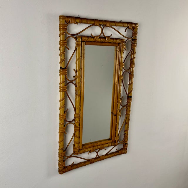 Mid-Century Modern Bamboo Rattan Wall Mirror, Italy, 1960s For Sale - Image 4 of 8
