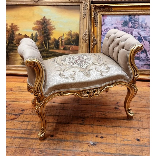 Bring elegance and sophistication into your home with this stunning French Rococo style tufted bench. Upholstered in a...