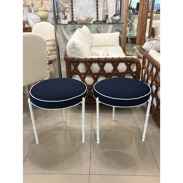 Pair Vintage Restored Faux Bamboo Metal Stools Benches Sunbrella Patio Outdoor For Sale - Image 12 of 12