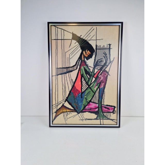 Vintage harp player wall decoration, embroidery wall art, seventies tapestry This is a well-known embroidery of the Harp...