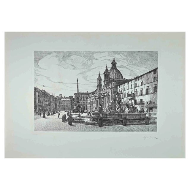 Giuseppe Malandrino, View of Piazza Navona, Original Etching, 1970s For Sale