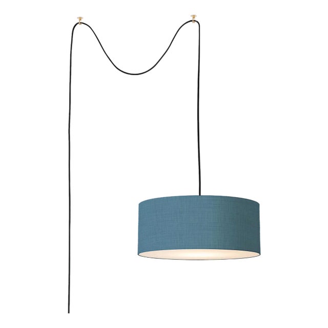 Stretch Swag Lamp, Turquoise Linen Shade, Weathered Brass, for Living Room or Bedroom For Sale