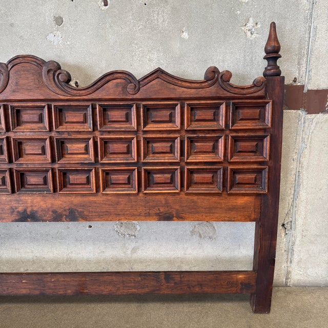 Spanish Revival Vintage Spanish Brutalist Hand-Carved Raised Panel King Headboard For Sale - Image 3 of 12