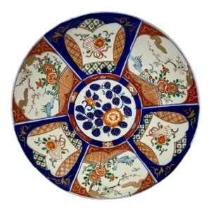 Large Hand Painted Imari Plate / Charger With Wall Hanger Decorated With Flowers, Pond & Fans - Circa 1900
