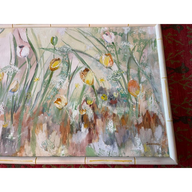 Ornamental & Decorative Materials “Tiptoe Through the Tulips” | Large Vintage Floral Garden Painting in Faux Bamboo Frame | 50” For Sale - Image 7 of 12