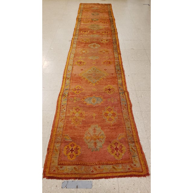 Antique Oushak Runner, Turkish Oriental Rug, Handmade Peach, Yellow, Light Blue For Sale - Image 10 of 15