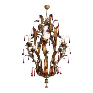 Vintage Italian Florentine Chandelier with Red Murano Glass Drops from Banci, 1950s For Sale