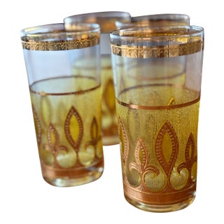 1970s Yellow 22k Gold Signed Culver Glassware Set of 4 Highball For Sale