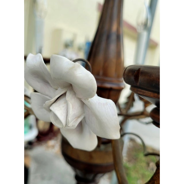 Brown Vintage Wood Metal Ceramic White Rose Tole Italian White Ceramic Rose 5 Light Chandelier Fixture For Sale - Image 8 of 12