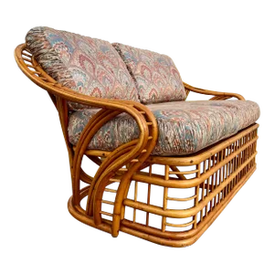 Vintage Coastal Style Rattan Loveseat by Whitecraft Rattan Inc, Miami. Fl. Circa 1970s