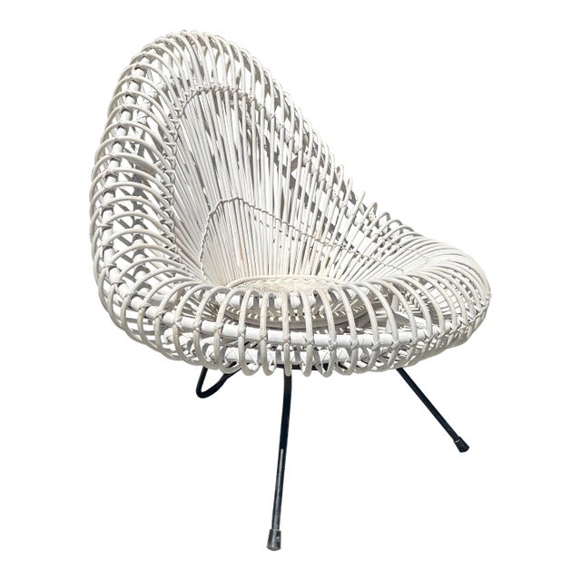 Rattan Janine Abraham & Dirk Jan Rol White Lounge Chair France Wrought Iron Rougier, 1950s For Sale