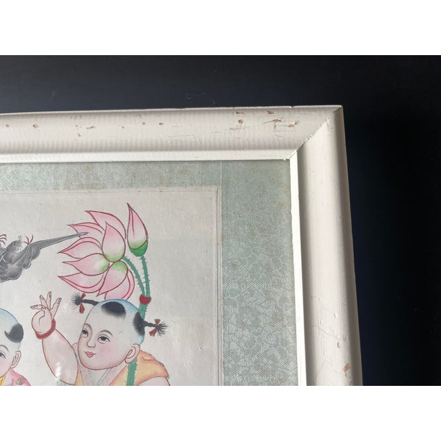 Antique Chinese Oil Painting Children Playing With Flying Bats Unsigned For Sale - Image 4 of 6
