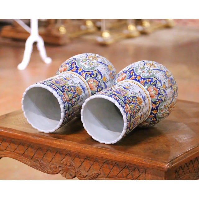 Pair of 19th Century French Desvres Faience Vases in the Rouen Taste For Sale - Image 9 of 11
