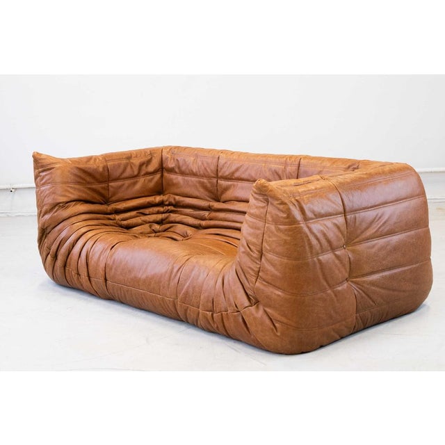 Vintage Two-Seater Togo Sofa with Arms in Brown Pine Leather by Michel Ducaroy for Ligne Roset, 1970s For Sale - Image 3 of 18
