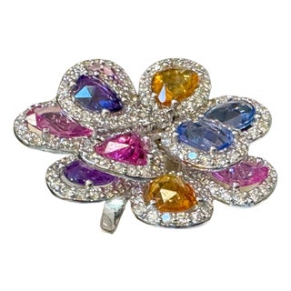 11 Ct Fine Multi Sapphire & 3 Ct Diamond Cocktail Flower Ring in 18 Kt Gold 6.5 For Sale