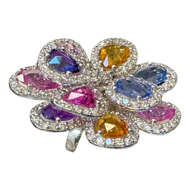 11 Ct Fine Multi Sapphire & 3 Ct Diamond Cocktail Flower Ring in 18 Kt Gold 6.5 For Sale