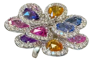 11 Ct Fine Multi Sapphire & 3 Ct Diamond Cocktail Flower Ring in 18 Kt Gold 6.5